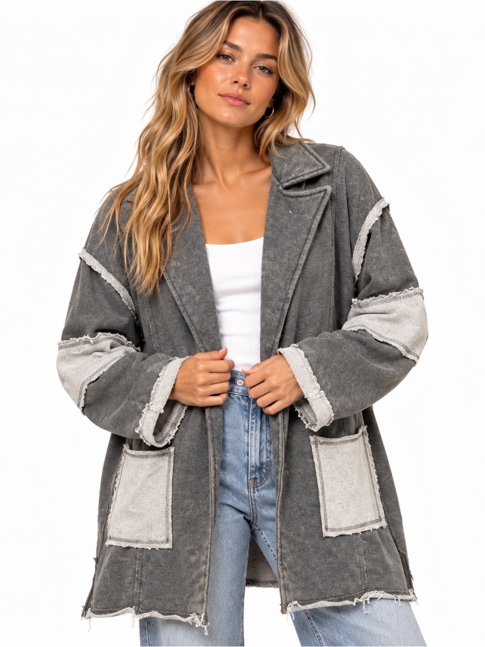 POL Clothing Gray Patchwork Raw Edge Oversized Jacket Coat L